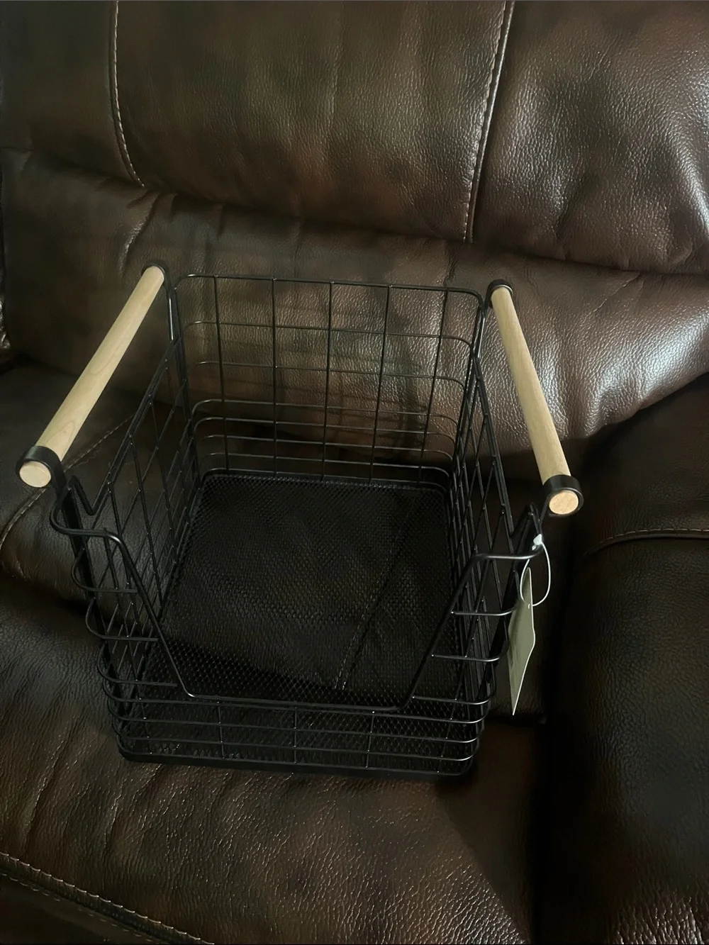 Wire Storage Basket with open front and Wooden Handles Black 11” H x13” W